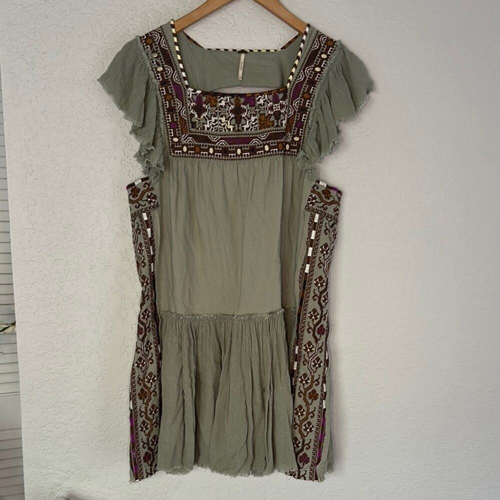 Free People Embroidered Boho Dress Aztec Southwestern Cottage Babydoll Sage Fall
